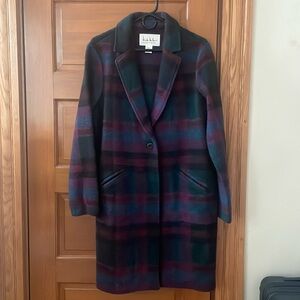 purple/blue/green plaid nicole miller oversized long jacket for fall, size L
